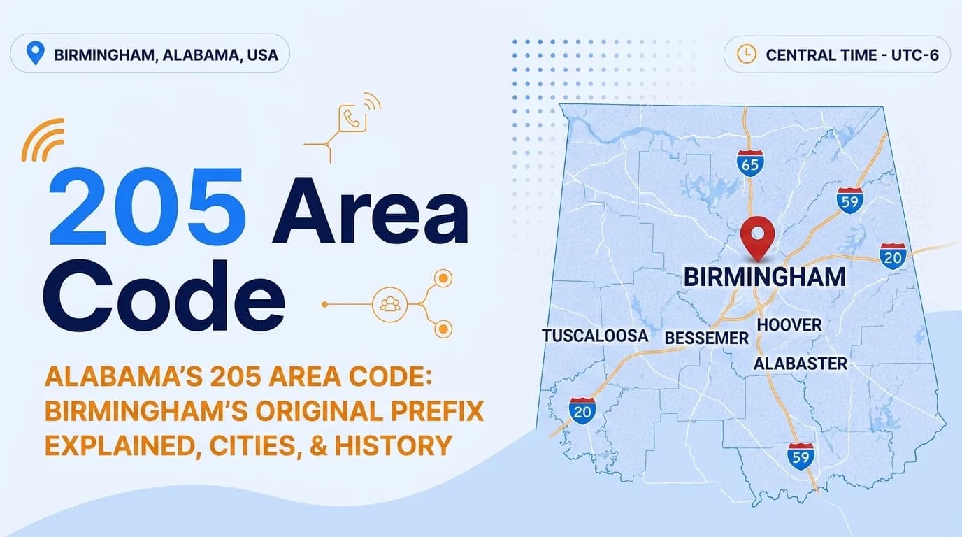 205 area code map showing Birmingham and Tuscaloosa, Alabama