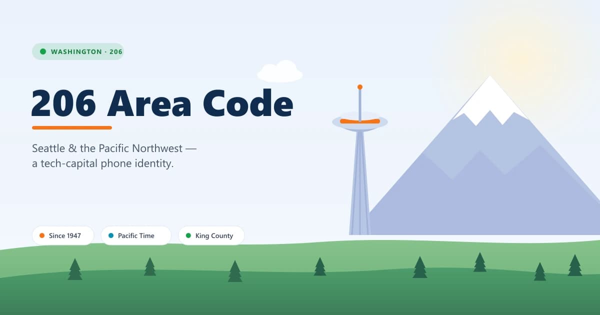 206 area code hero — a Seattle scene with the Space Needle and a snow-capped Mt. Rainier over evergreen hills, with Pacific Time, King County and Since 1947 noted