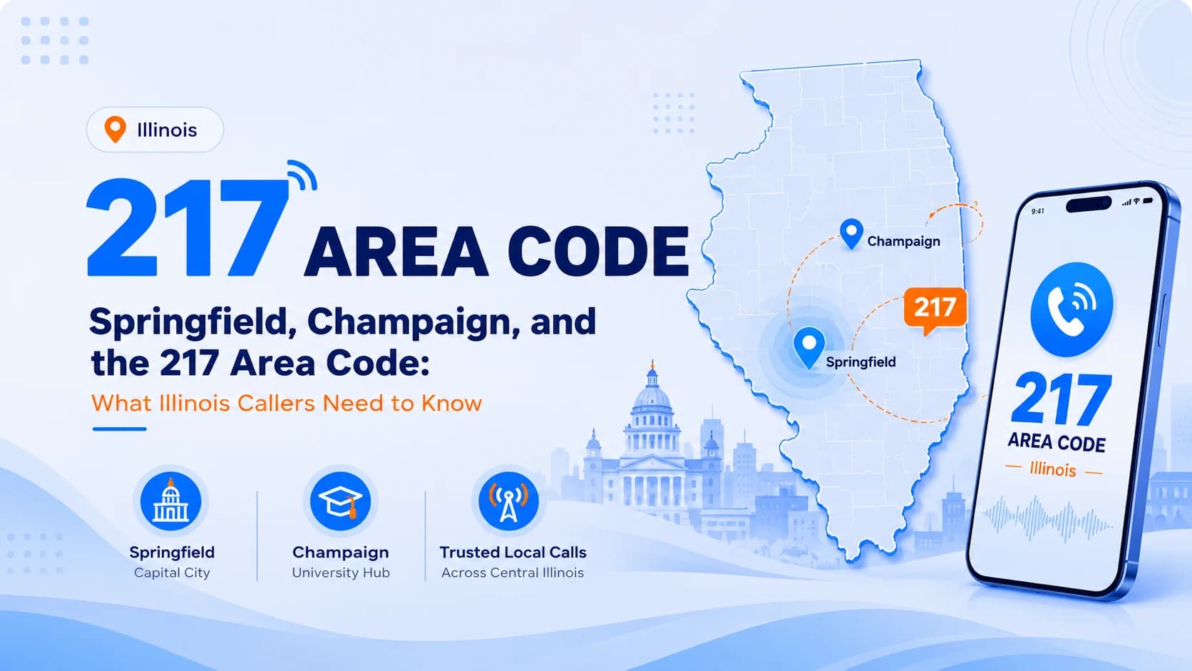 217 area code map showing Springfield, Champaign, and Decatur in Central Illinois
