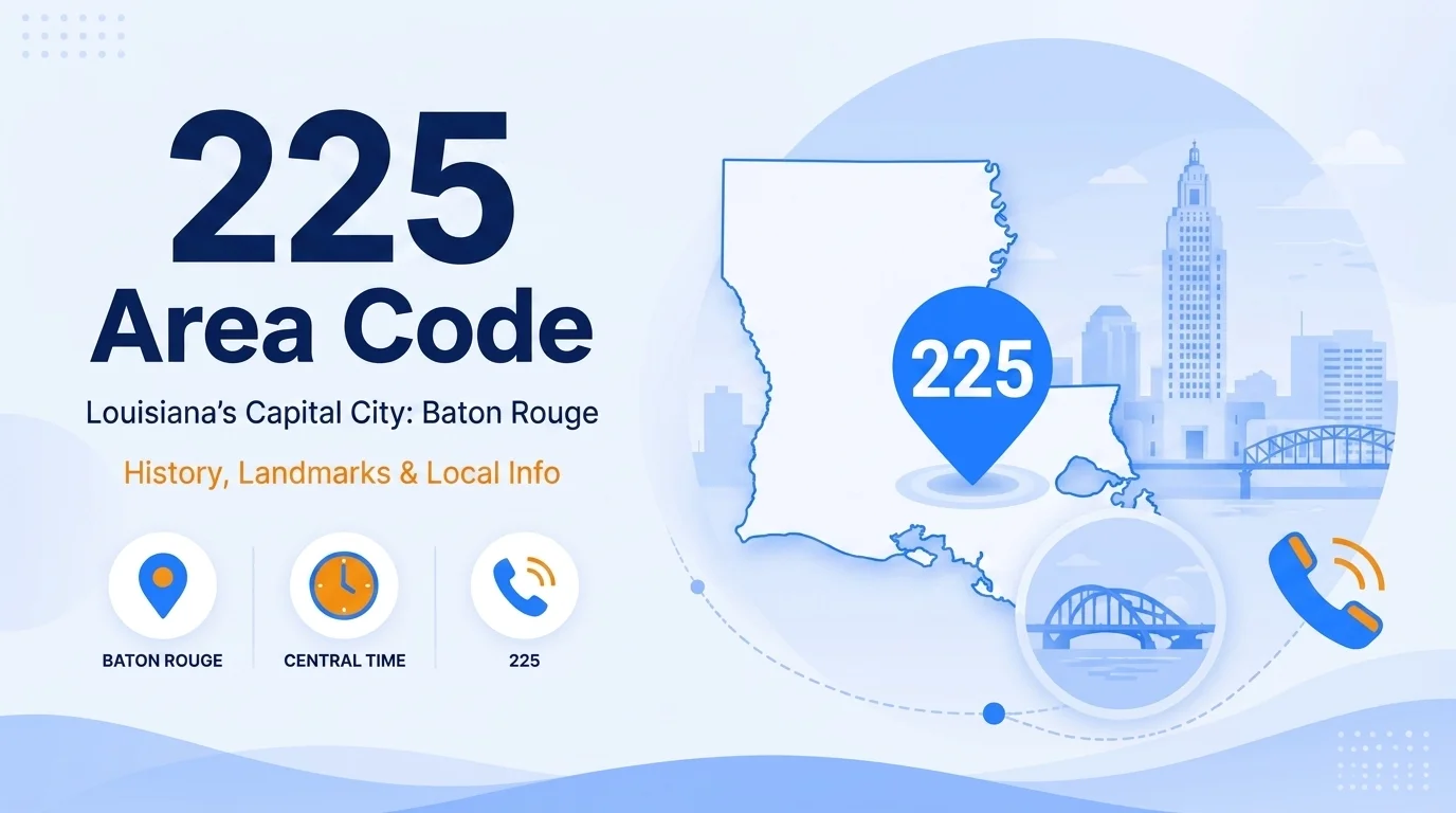 225 area code map showing Baton Rouge, Zachary, and Gonzales in South Louisiana