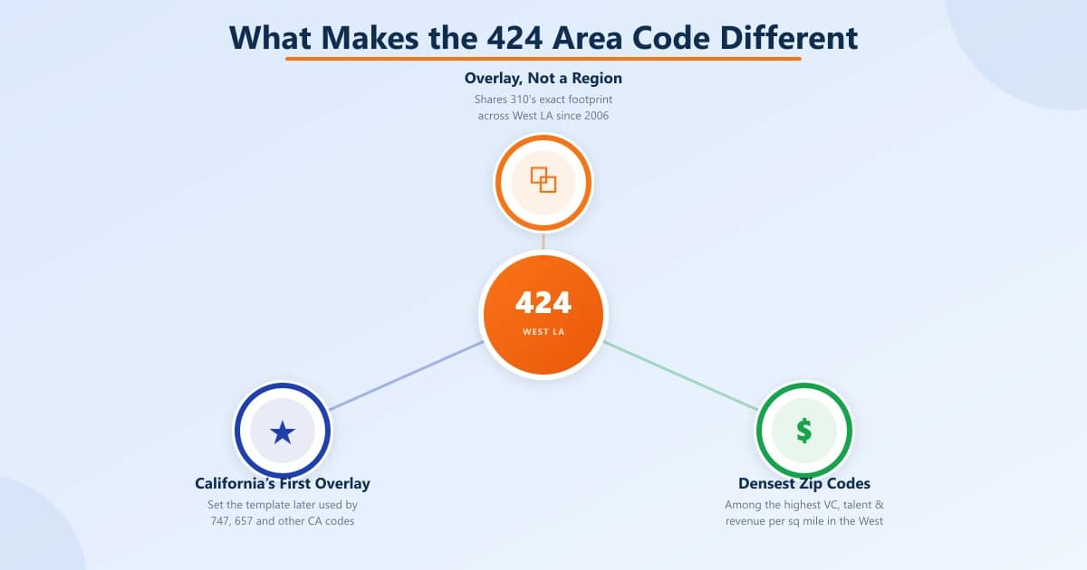 Hub-and-spoke diagram with a 424 / West LA center and three distinguishing traits: an overlay (not a separate region), California's first overlay, and the densest zip codes in the West