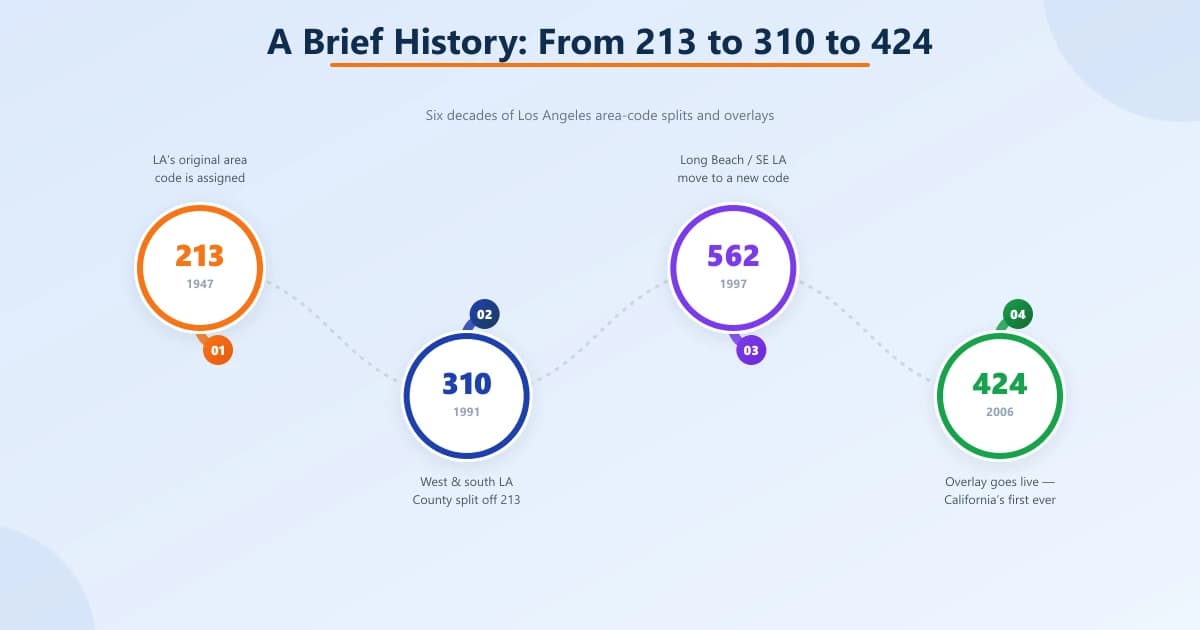 Timeline of Los Angeles area codes — 213 (1947), 310 (1991), 562 (1997), and the 424 overlay (2006), California's first-ever overlay