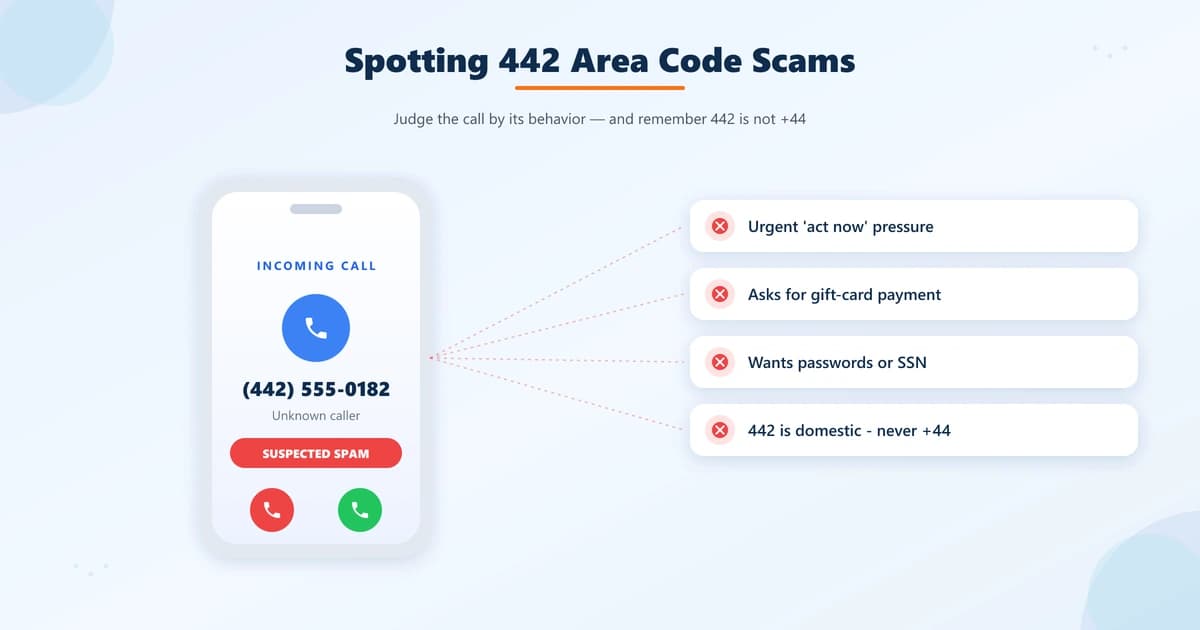 442 area code scam red flags including neighbor spoofing, utility shut-off threats, and the +44 look-alike