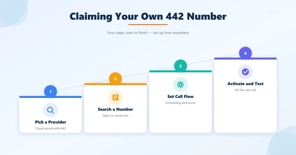 Four steps to claim a 442 number: pick a provider, search a number, set your call flow, and activate