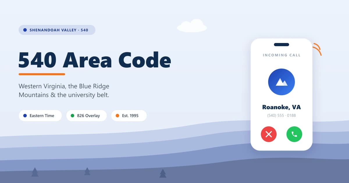 540 area code hero — a smartphone showing an incoming call from Roanoke, VA (540) over a layered Blue Ridge mountain horizon, with Eastern Time and 826 overlay noted