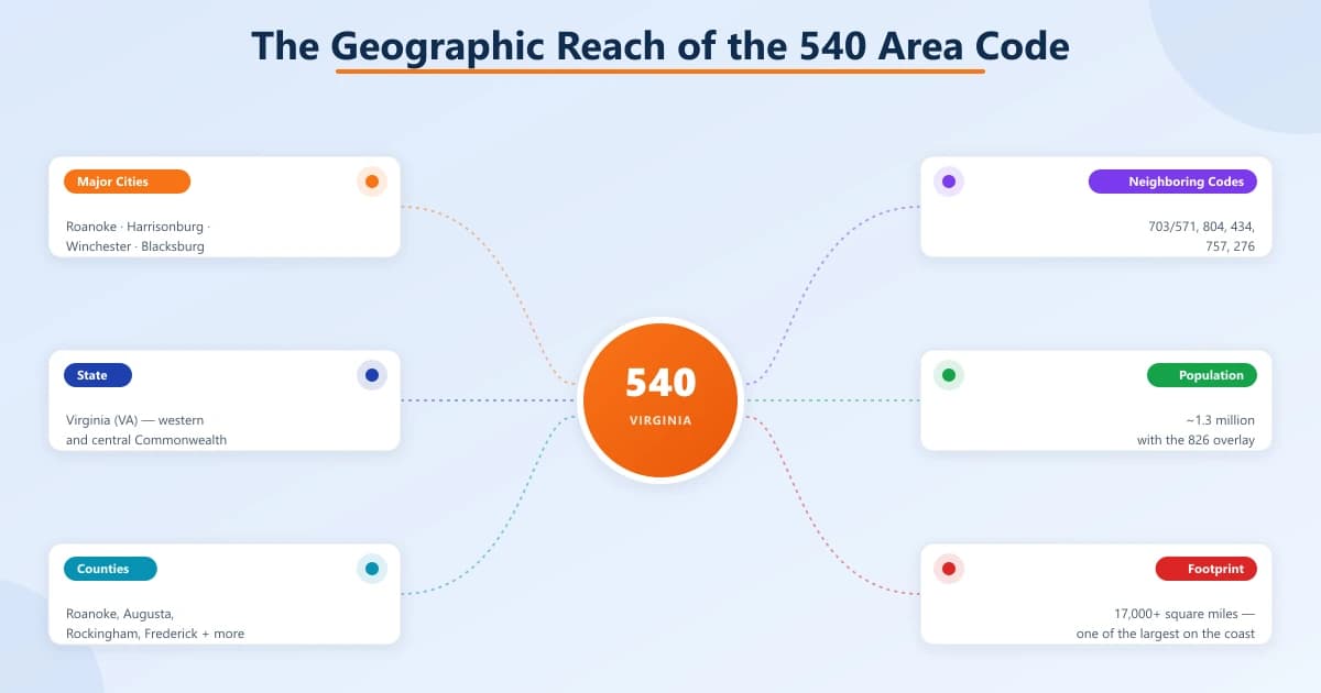 Hub diagram with a 540 / Virginia center and six geography facts around it: major cities, state, counties, neighboring codes, population (~1.3M with 826), and a 17,000+ square-mile footprint
