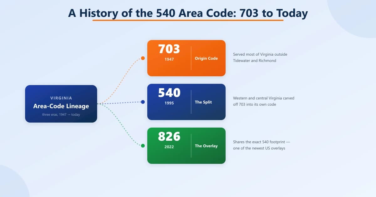 Virginia area-code lineage branching to three eras: 703 (1947 origin), 540 (1995 split off 703), and the 826 overlay (2022)