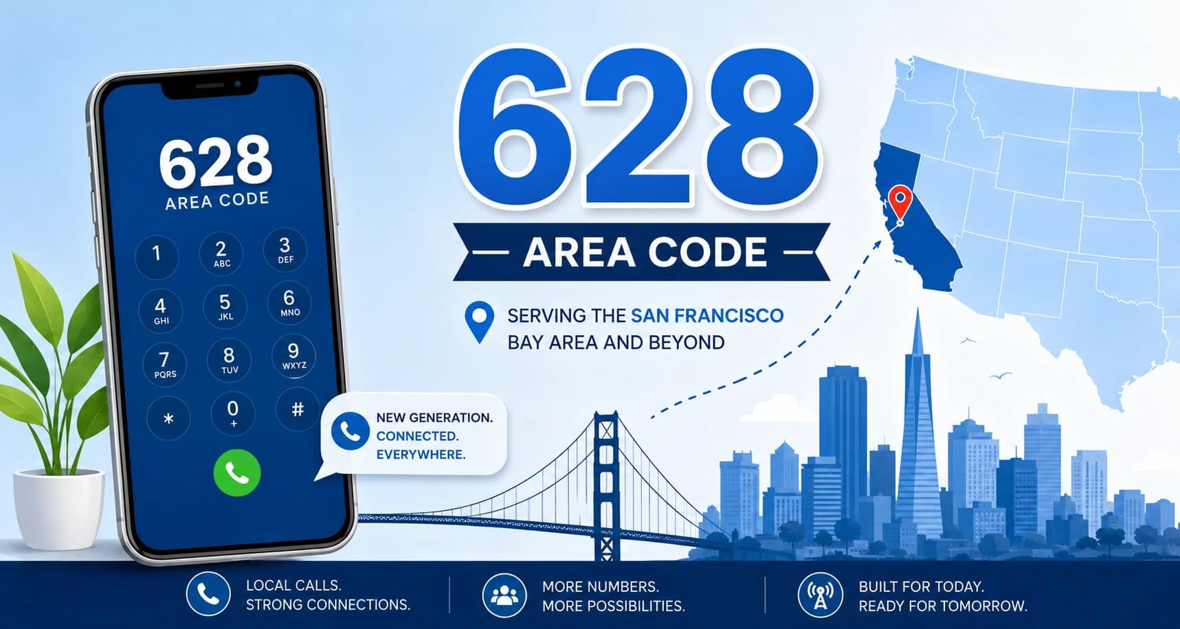 628 Area Code — Serving the San Francisco Bay Area: phone keypad, Golden Gate Bridge skyline, California map with location pin