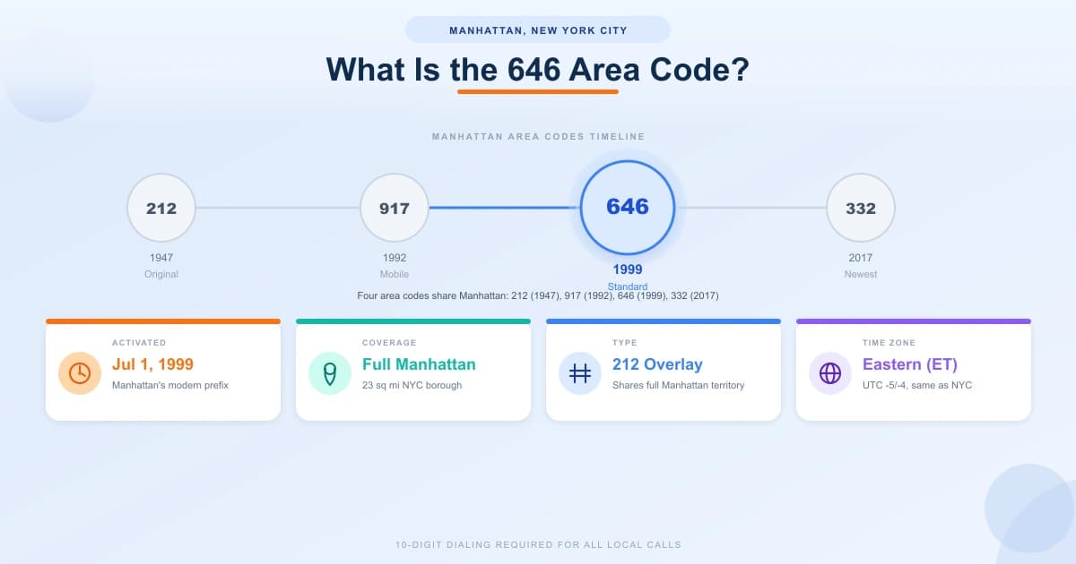 646 area code Manhattan timeline showing 212 1947 917 1992 646 1999 and 332 2017 area codes with key facts