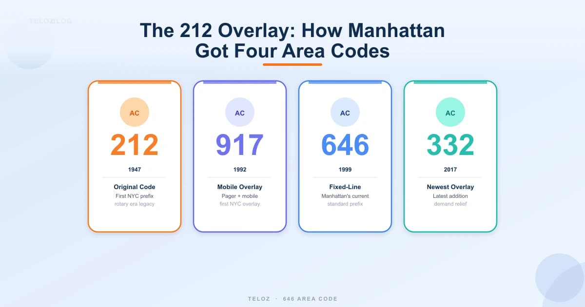 Four Manhattan area codes — 212 from 1947 917 from 1992 646 from 1999 and 332 from 2017 shown as overlay progression