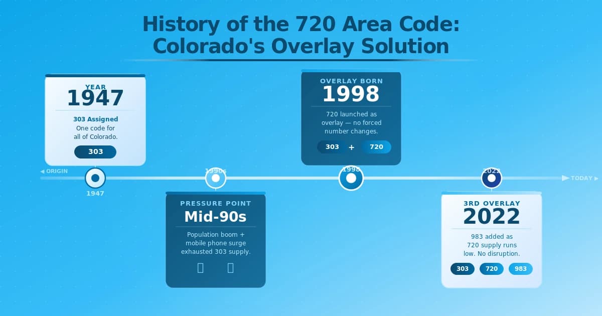 720 area code history timeline 1998 overlay