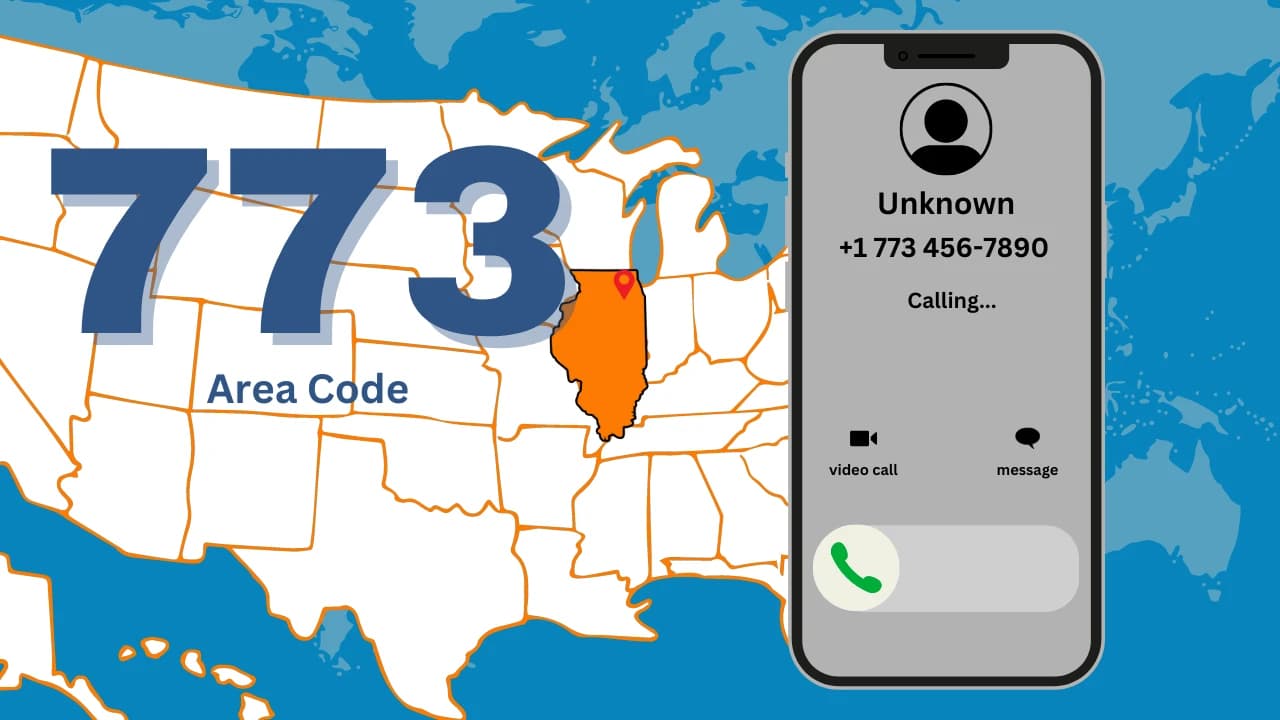 773 Area Code — Chicago, Illinois: US map with Illinois highlighted, incoming call screen showing +1 773 456-7890
