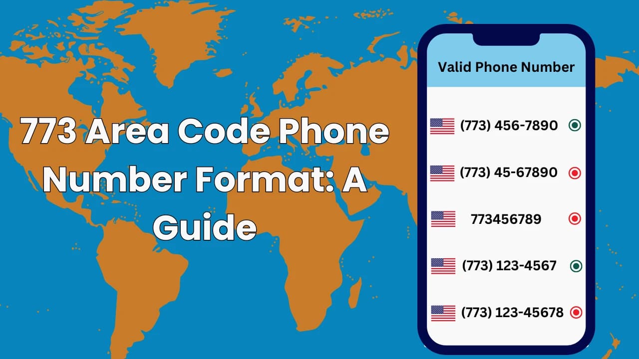 773 Area Code Phone Number Format Guide — world map with valid and invalid 773 number examples on phone screen