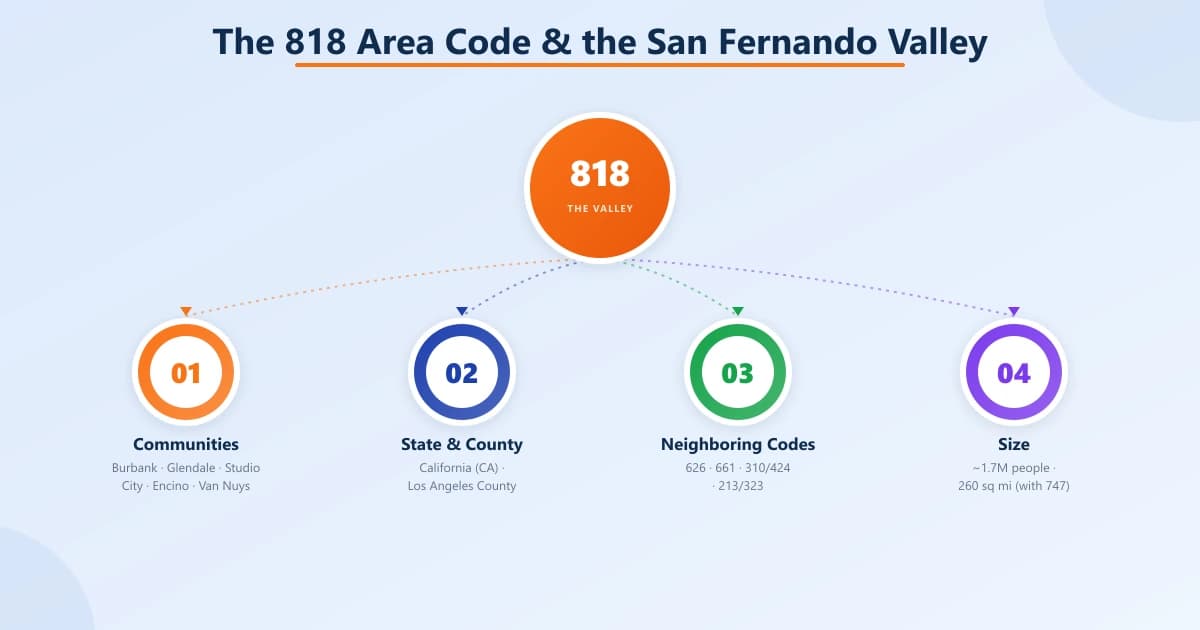 Hub-and-fan diagram with an 818 / The Valley center and four facts: communities served, state & county, neighboring codes, and size (~1.7M people, 260 sq mi with 747)