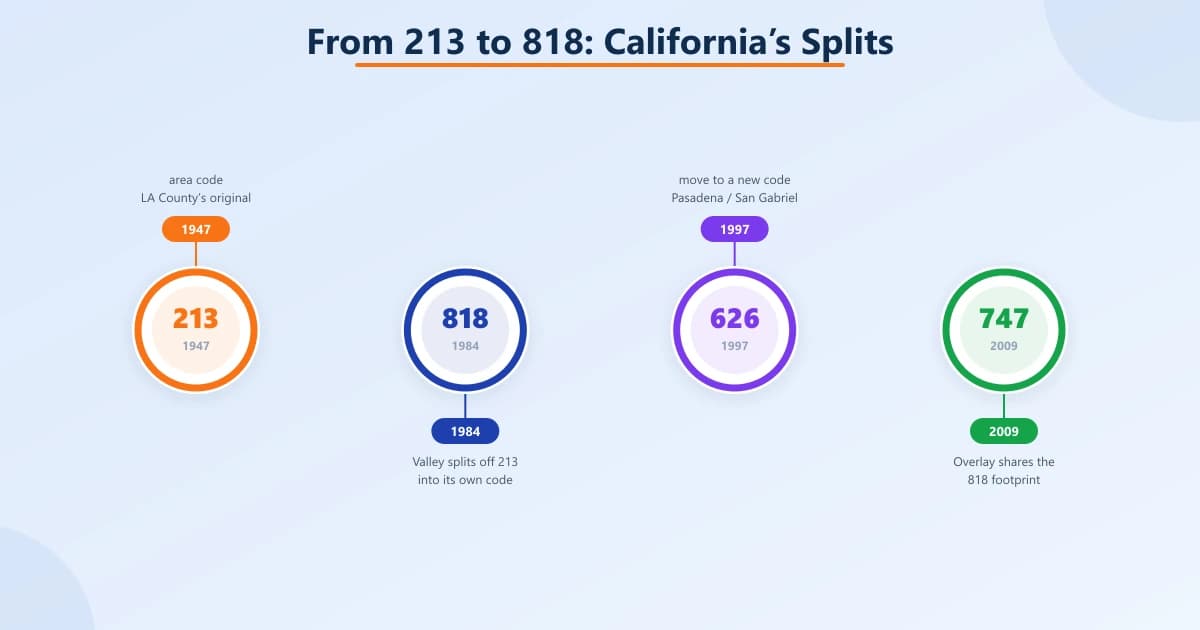 Timeline of Los Angeles area-code splits — 213 (1947), 818 (1984), 626 (1997), and the 747 overlay (2009)