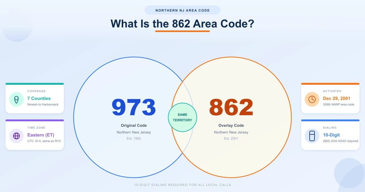 862 area code Venn diagram showing 973 original code overlapping 862 overlay code covering the same Northern New Jersey territory