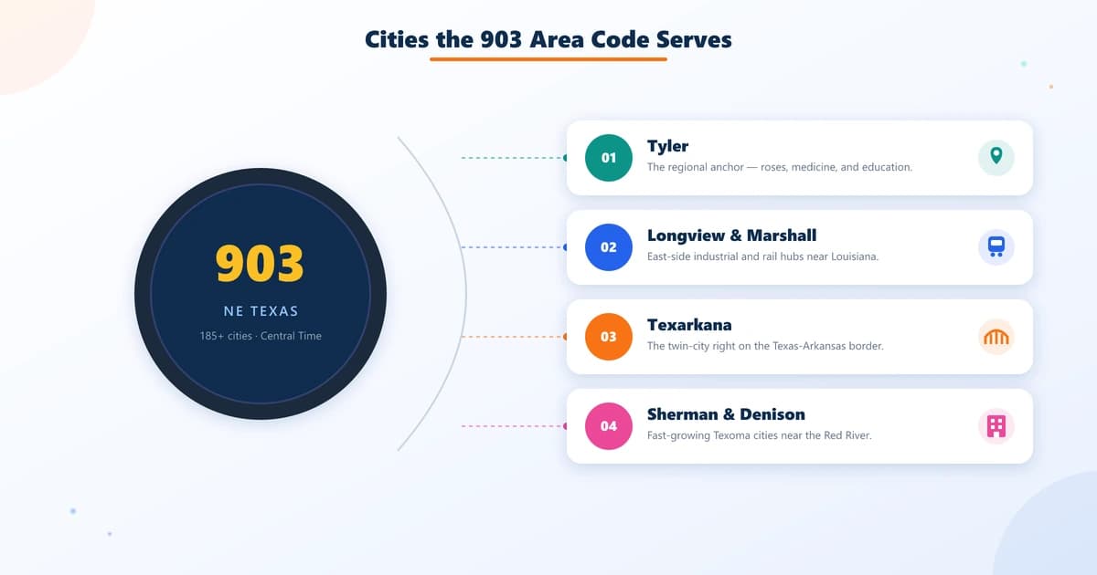 903 area code map covering northeast Texas including Tyler, Longview, and Texarkana