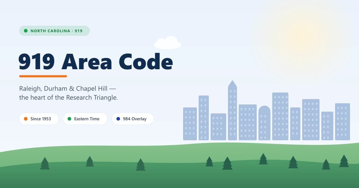 919 area code hero — a North Carolina scene with a Raleigh-Durham tech skyline and pine-covered hills, with Eastern Time and 984 overlay noted