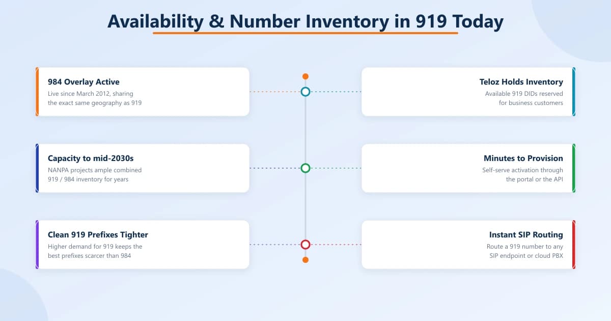 Six-point inventory overview for 919: 984 overlay active since 2012, capacity to the mid-2030s, tighter clean 919 prefixes, Teloz-held inventory, minutes to provision, and instant SIP routing