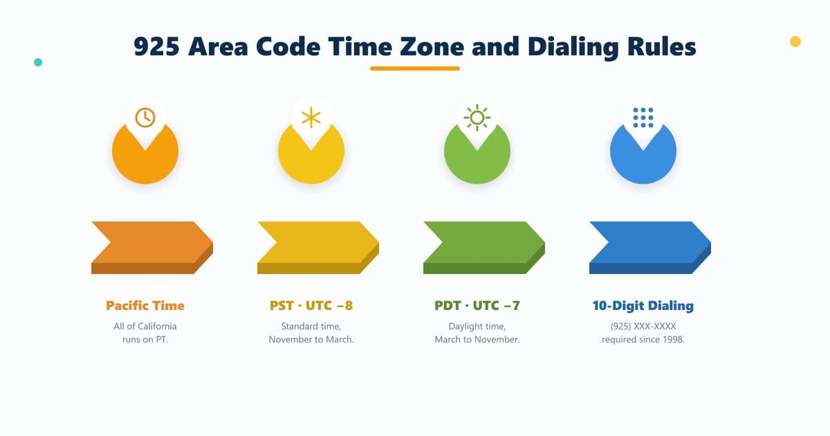 925 area code time zone — Pacific Time Zone PST UTC-8 and PDT UTC-7, with 10-digit dialing format (925) XXX-XXXX required since 1998