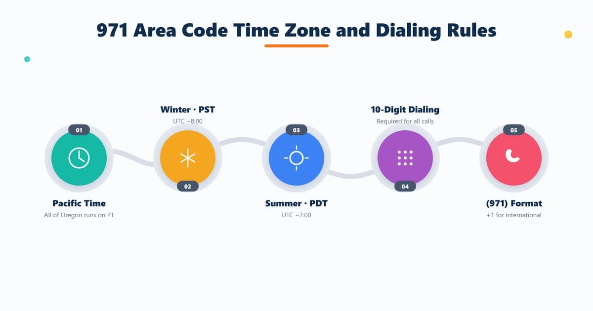 971 area code time zone — Pacific Time Zone PST UTC-8 and PDT UTC-7, and the 10-digit dialing format (971) XXX-XXXX