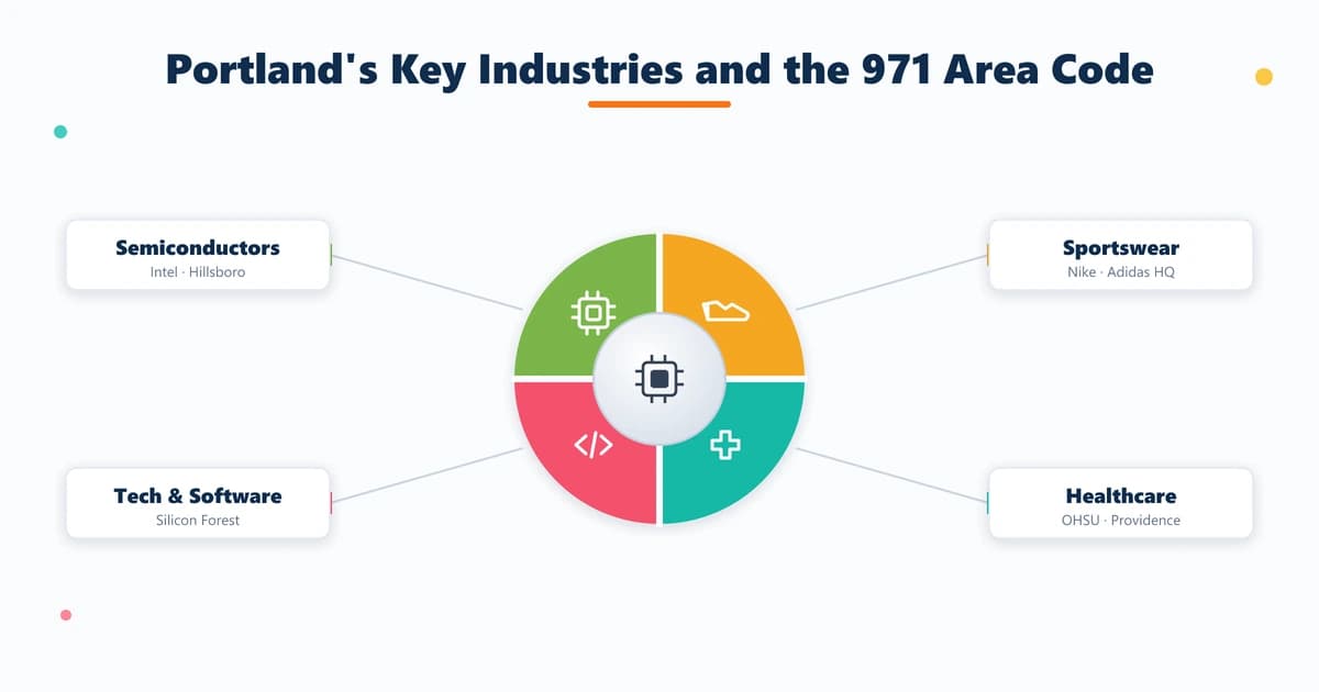 Portland Silicon Forest key industries in the 971 area code — Intel semiconductor, Nike sportswear, OHSU healthcare