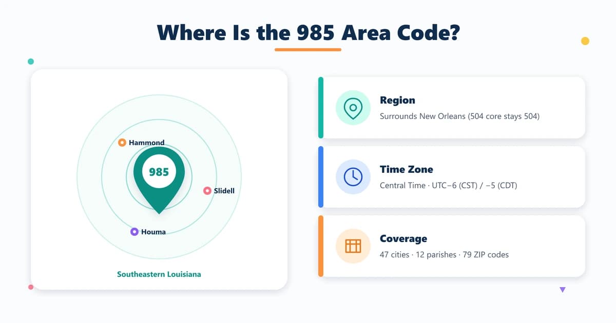 985 area code in southeastern Louisiana — region, Central time zone and coverage