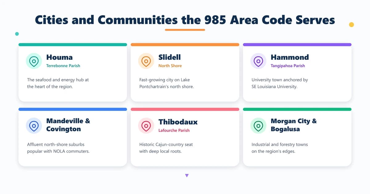 Cities served by the 985 area code including Houma, Slidell, Hammond and Thibodaux