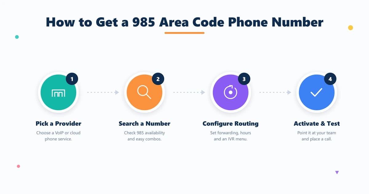 Four steps to get a 985 area code phone number: pick a provider, search, configure routing, activate