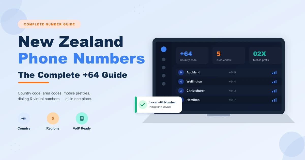 New Zealand phone numbers complete guide dashboard showing country code +64, five area codes, and mobile prefixes