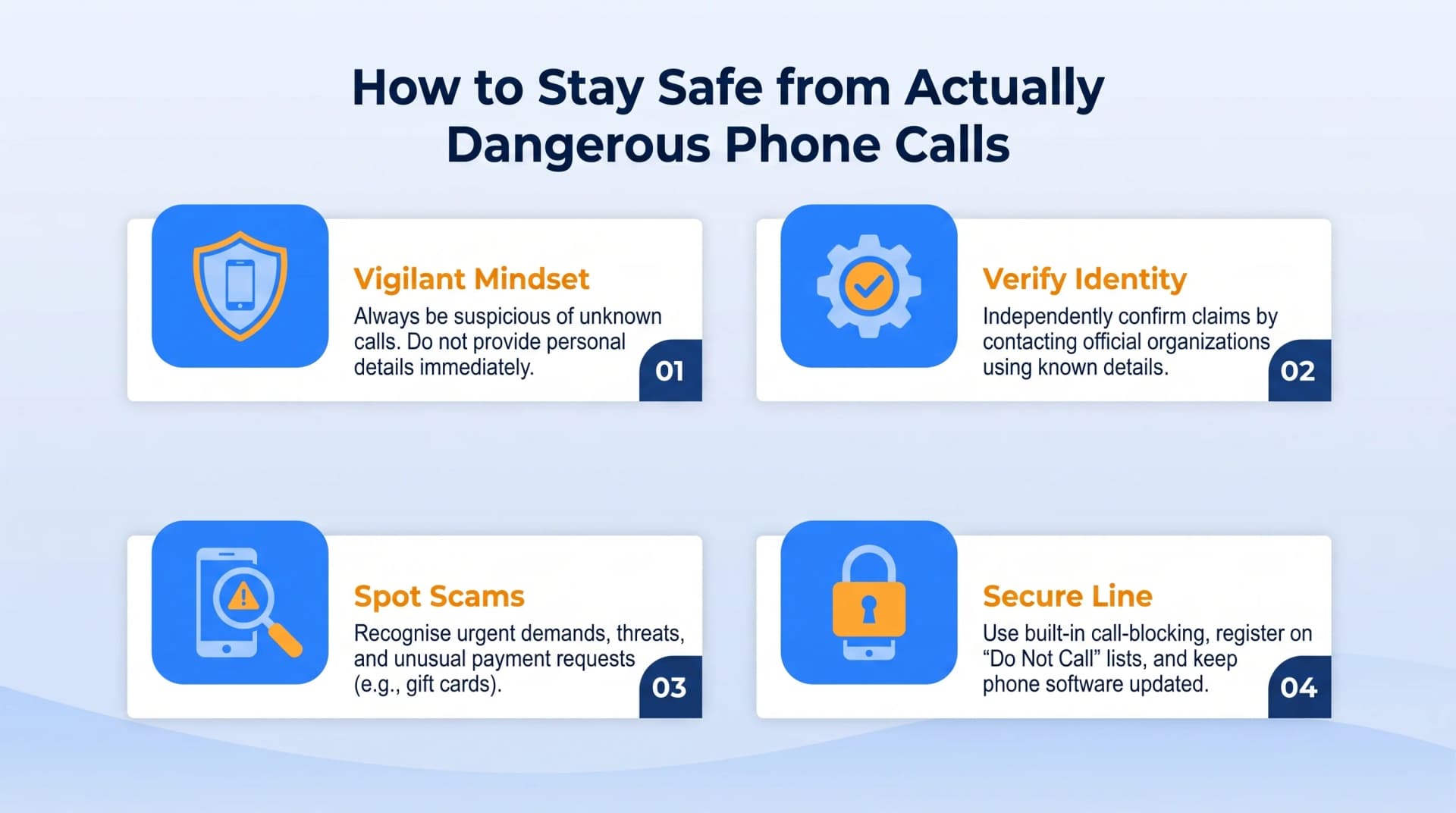 How to stay safe from dangerous phone calls — vigilant mindset, verify identity, spot scams, secure line