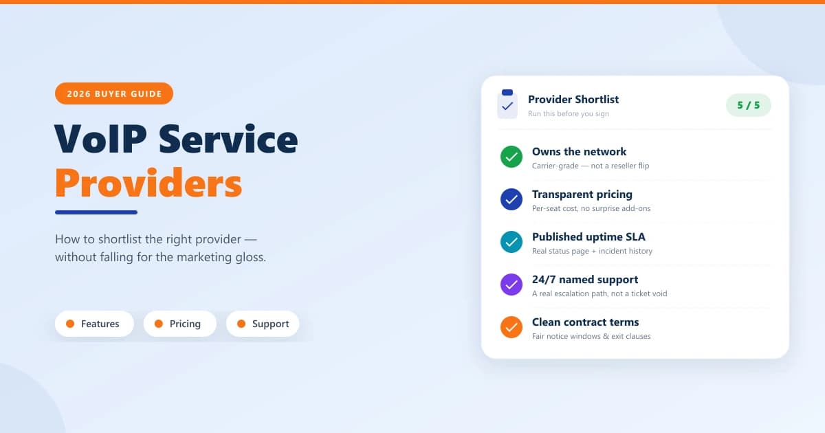VoIP Service Providers 2026 buyer guide — a provider-shortlist evaluation checklist with five green-checked criteria: owns the network, transparent pricing, published uptime SLA, 24/7 named support, and clean contract terms