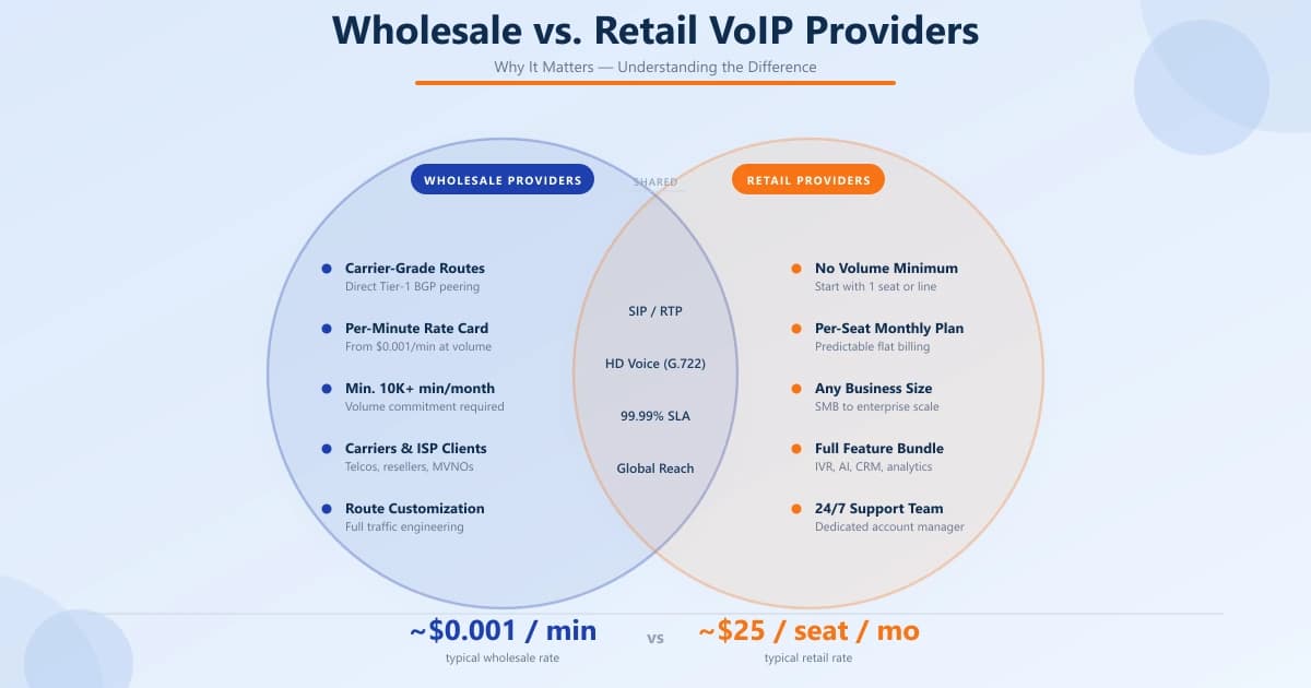 Split comparison diagram showing wholesale VoIP providers serving carriers and resellers versus retail providers serving businesses and SMBs, with dual-layer advantage callout