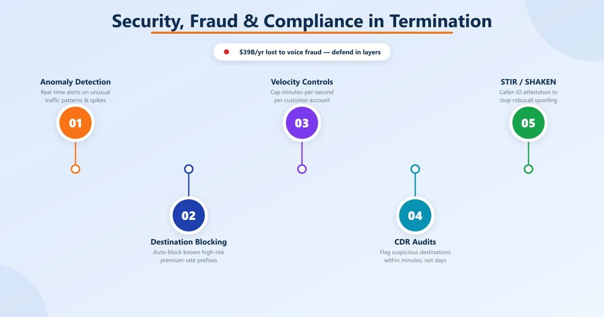 Timeline of five layered fraud defenses for voice termination: anomaly detection, destination blocking, velocity controls, CDR audits, and STIR/SHAKEN — against $39B in annual voice fraud