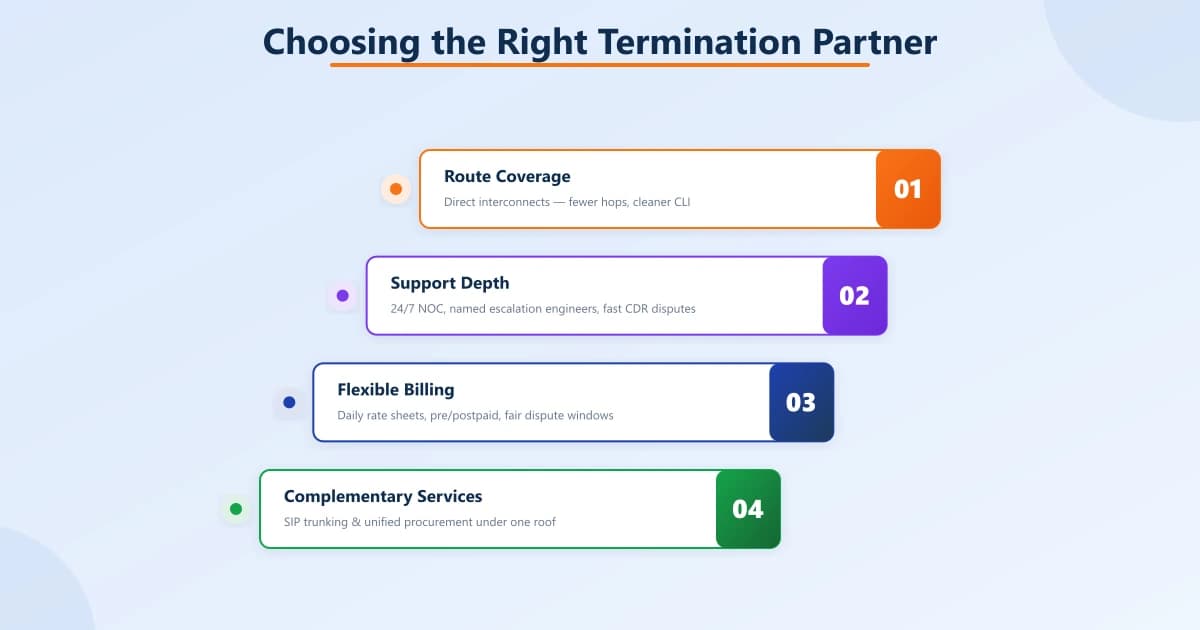 Ascending staircase of four partner-selection criteria climbing a rising arrow: route coverage, support depth, flexible billing, and complementary services