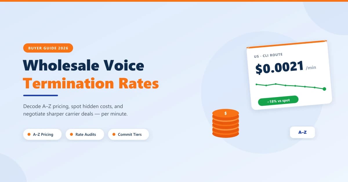 Wholesale Voice Termination Rates 2026 buyer guide — a US CLI rate card showing $0.0021/min with a downward negotiated-rate trend (−18% vs spot) and a coin stack