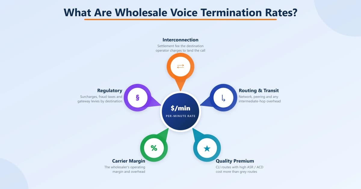 Radial diagram with a per-minute-rate hub surrounded by the five cost components bundled into a wholesale voice termination rate: interconnection, routing & transit, quality premium, carrier margin, and regulatory surcharges