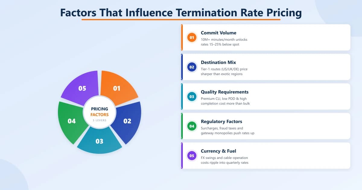 Five-segment pricing-factors wheel with matching callout cards: commit volume, destination mix, quality requirements, regulatory factors, and currency & fuel costs