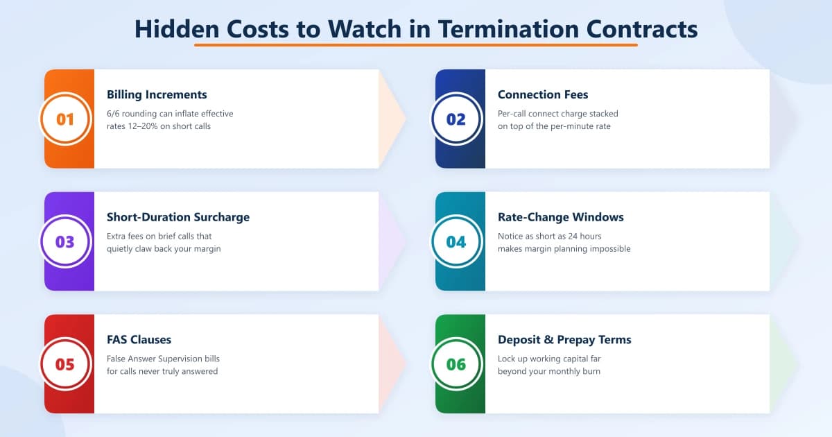 Six arrow-banner cards of hidden costs in wholesale voice termination contracts: billing increments, connection fees, short-duration surcharges, rate-change windows, FAS clauses, and deposit & prepay terms