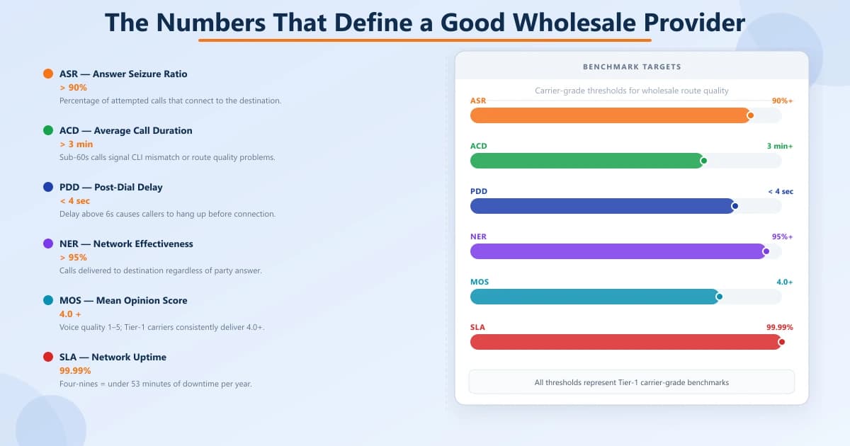 KPI scorecard showing five wholesale VoIP metrics: ASR, ACD, PDD, MOS, and rate-deck margin on a poor-to-excellent scale