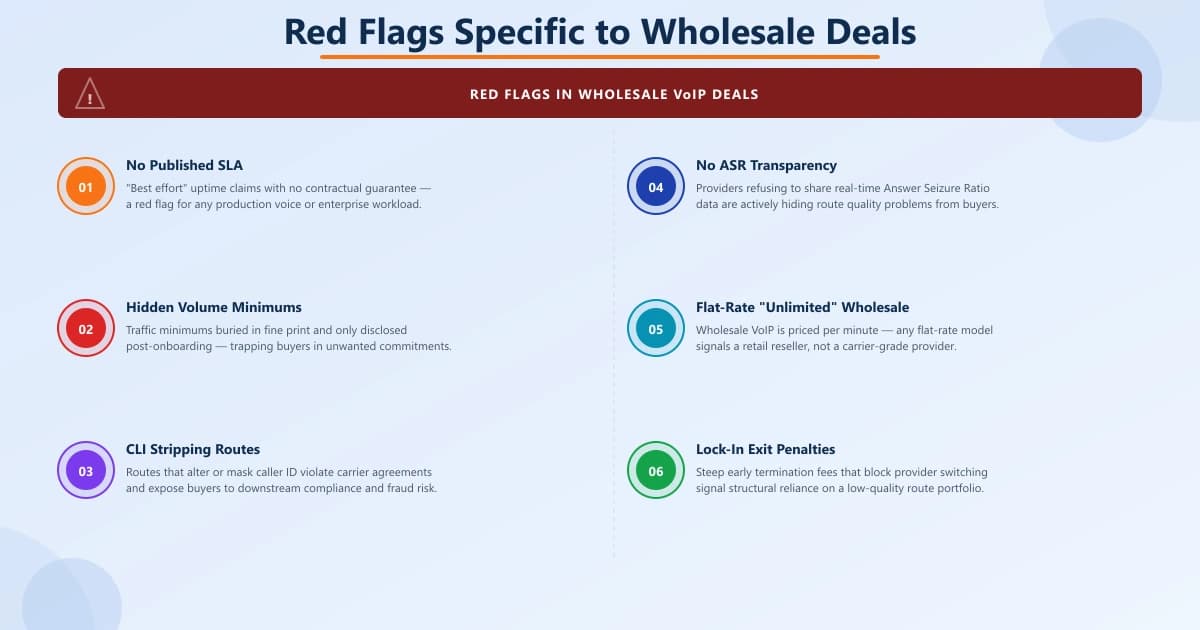 Warning grid showing six wholesale VoIP red flags: no live NOC, no ASR/ACD data, heavy prepay, no fraud monitoring, grey route deflection, no SIP auth