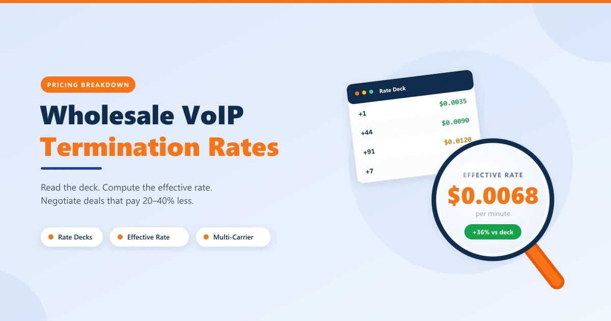 Wholesale VoIP Termination Rates 2026 — rate table showing deck vs effective rates across destinations