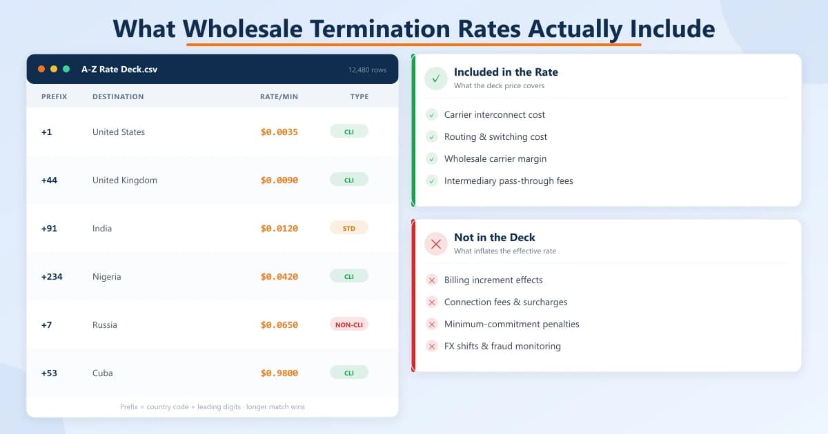 Wholesale VoIP termination rate deck spreadsheet (prefix, destination, rate, type) alongside what is included in the rate (interconnect, routing, margin, pass-through) versus what is not in the deck (increments, connection fees, penalties, FX)