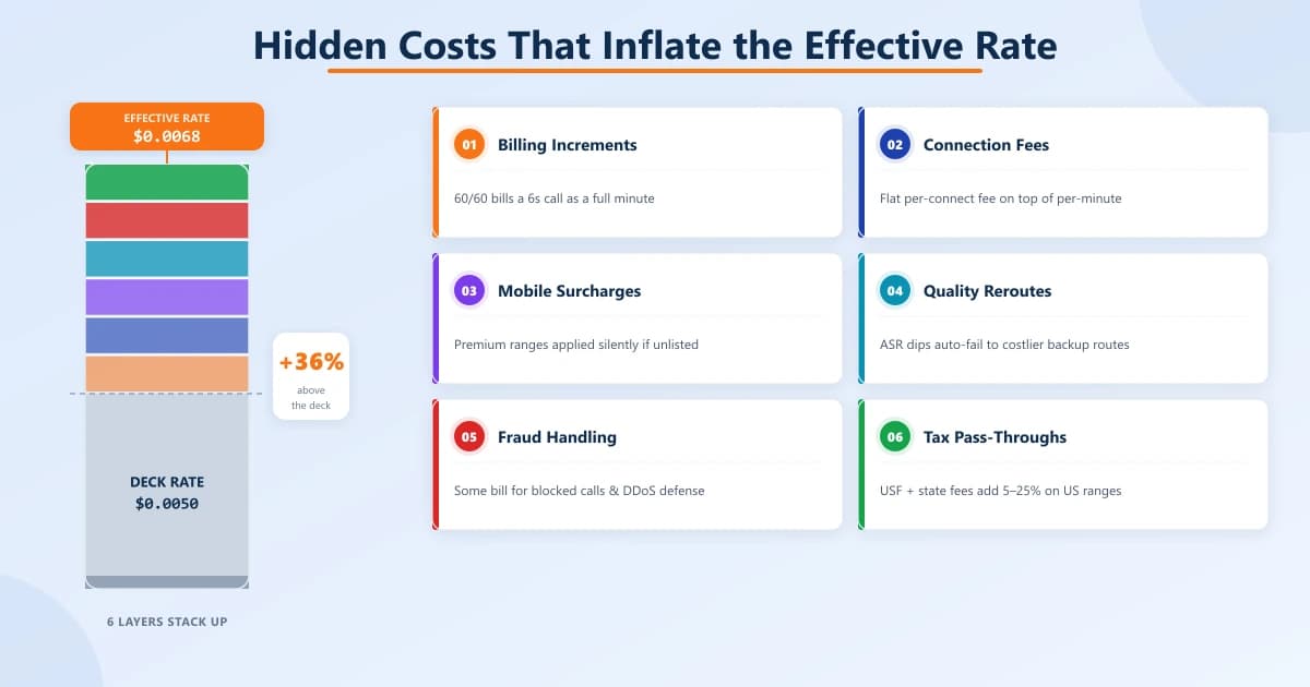 Rate inflation column showing deck rate $0.0050 climbing +36% to an effective rate of $0.0068 through six stacked hidden-cost layers: billing increments, connection fees, mobile surcharges, quality reroutes, fraud handling, tax pass-throughs