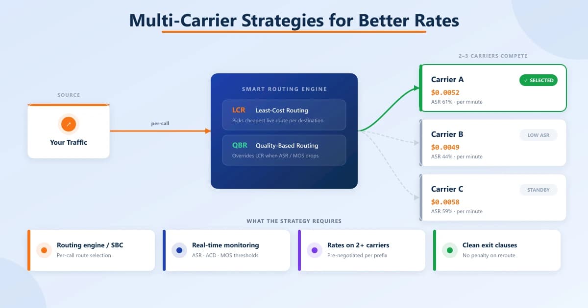 Smart routing schematic — your traffic flows into a routing engine running LCR (least-cost) and QBR (quality-based) logic, which selects among three competing carriers; requirements shown: routing engine/SBC, real-time monitoring, rates on 2+ carriers, clean exit clauses