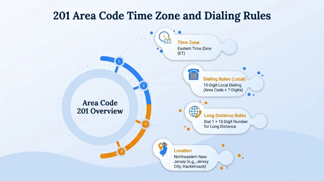 201 area code Eastern Time Zone map with 10-digit dialing format (201) XXX-XXXX