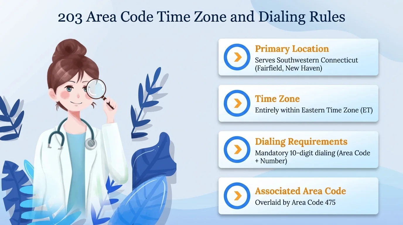 203 area code Eastern Time Zone map with 10-digit dialing format (203) XXX-XXXX