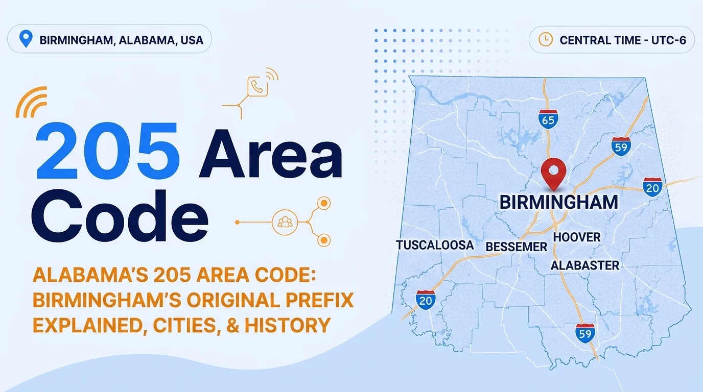 205 area code map showing Birmingham and Tuscaloosa, Alabama