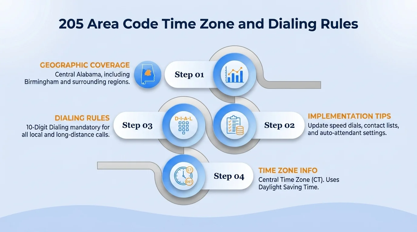 205 area code Central Time Zone map with 10-digit dialing format (205) XXX-XXXX