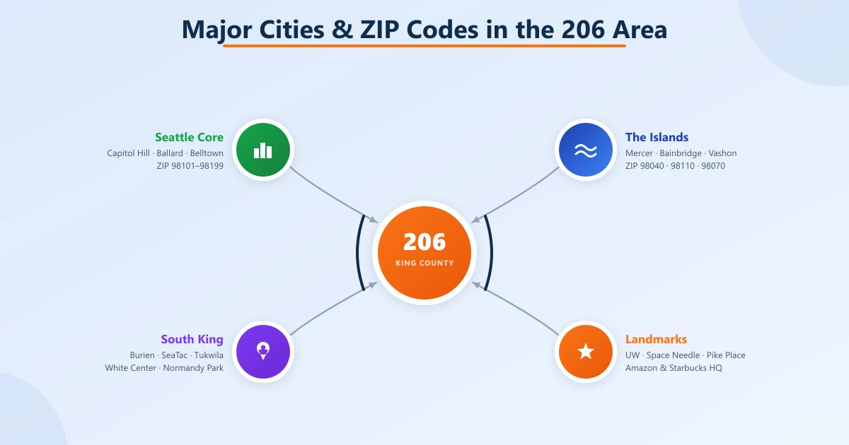 A 206 / King County hub with curved arrows to four clusters of the area's cities and ZIP codes: Seattle Core, the Islands (Mercer/Bainbridge/Vashon), South King (Burien/SeaTac/Tukwila), and Landmarks (UW, Space Needle, Pike Place, Amazon)
